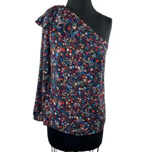 J. Crew Black Star Print One Shoulder Long Sleeve Side Zip Top Size 6 Tall